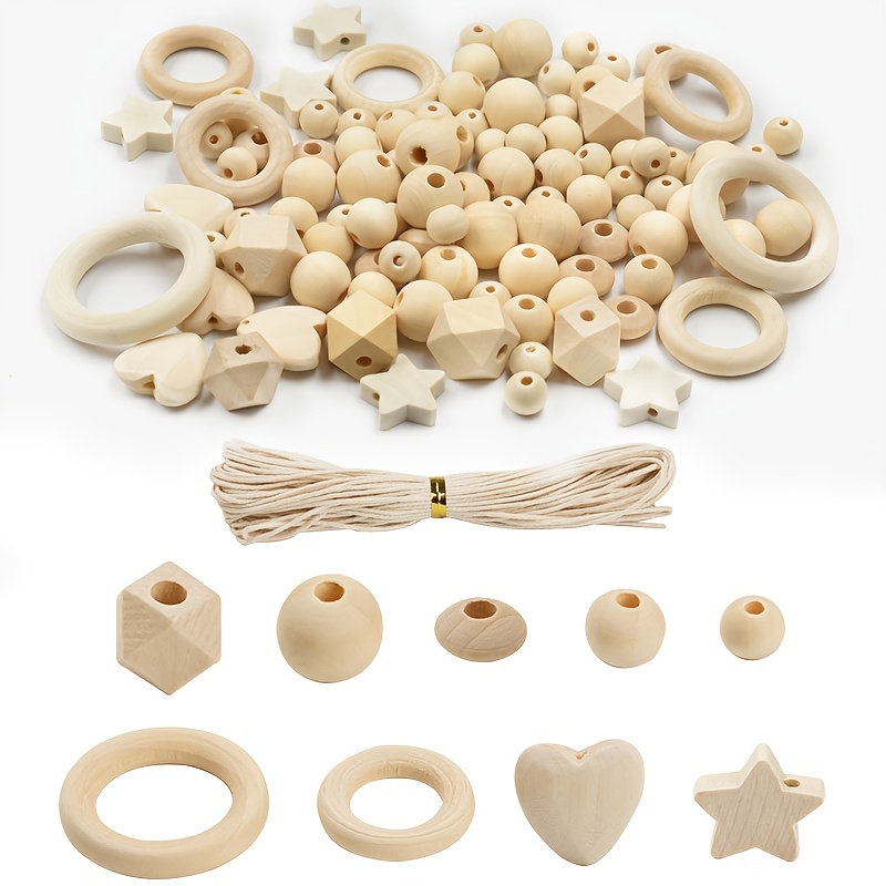 

125pcs Wooden Bead Kit - Natural Log Color, Diy Craft Set For Creative Farmhouse Decor & Jewelry Making Accessories