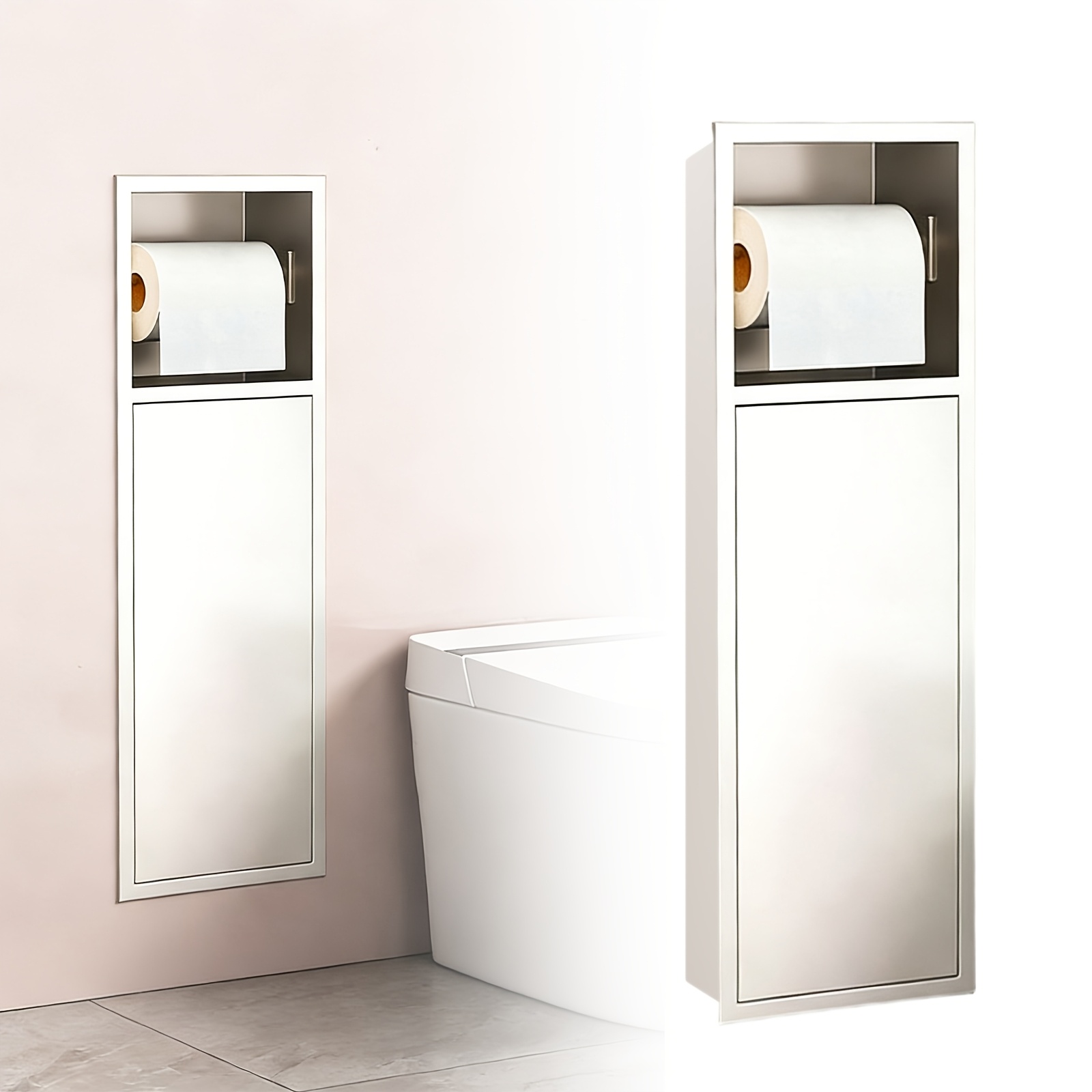TEMU Tissue Box Trash Can Recess, Embedded Stainless Steel Roll Paper Holder, With Sliding Door, Bathroom Cabinet With Roll Paper Holder, Can Toilet