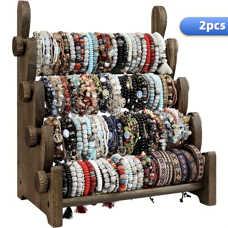 

2pcs 4-layer Wooden Bracelet, Watch Necklace Display Storage Jewelry Bracket Holder Manager, Brown Retail Show & Personal Use Supplies