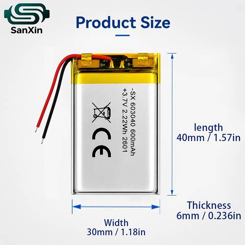 batería de polímero de litio 603040 de 600 mah, 2.22 wh, 3.7 v para productos electrónicos de