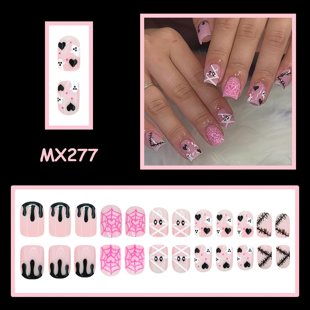 TEMU 24pcs 24pcs Press-on Fake Nails Suitable For Women's Short Square False Nails With Black Bloodstain, Pink Spiderweb & Cute Designs - Glossy