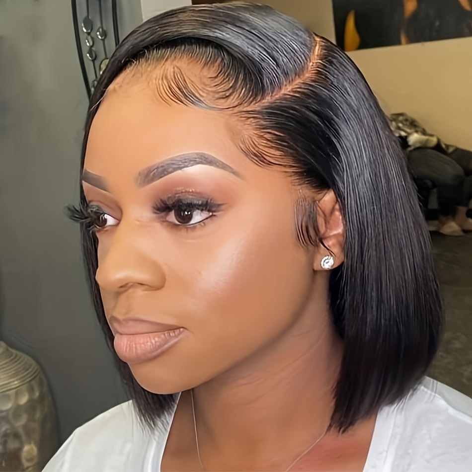 womens glueless bob wig 13x4 hd lace frontal 180 density straight human hair pre cut 8 14 inch details 0
