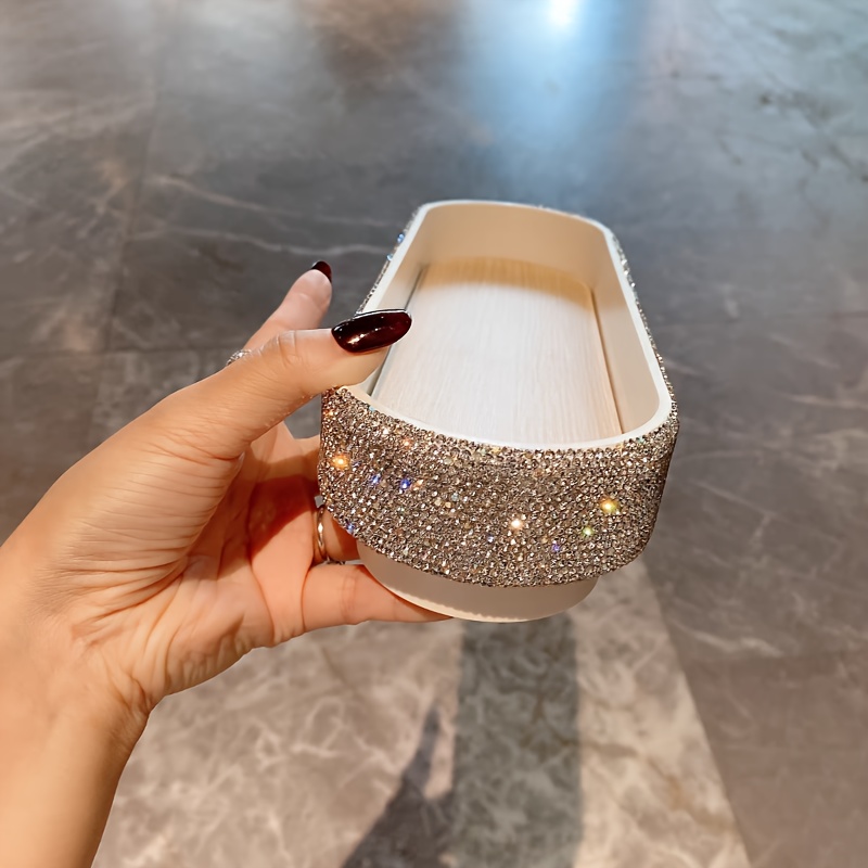   jeweled oval tray tabletop plastic jewelry box with glittering rhinestones fabric lined multipurpose storage for perfumes skincare accessories no electricity needed jewelry boxes Product details 0