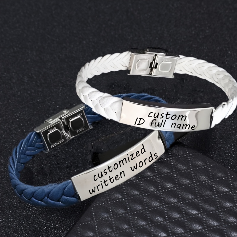 Personalized Braided Leather Bracelet with Engraved ID for Men Women