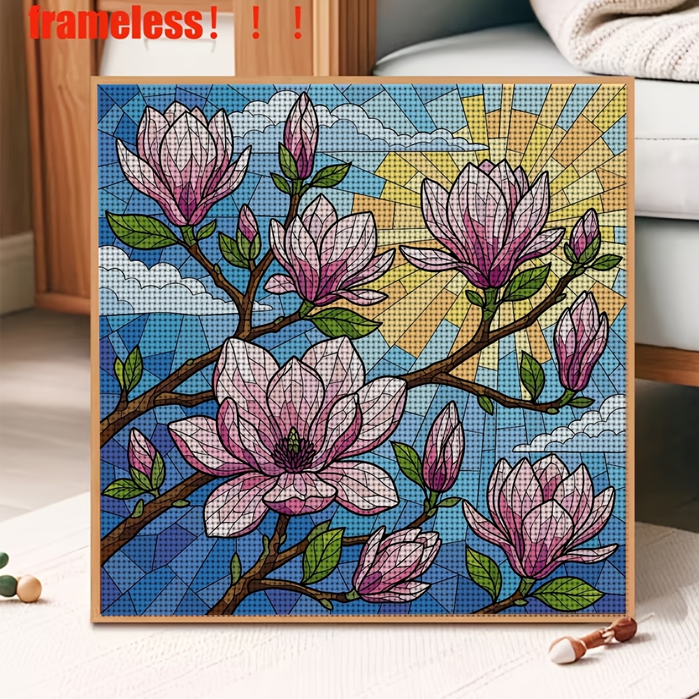 DIY Cross-Stitch Printed Kit, Colored Glass Pink Magnolia Design