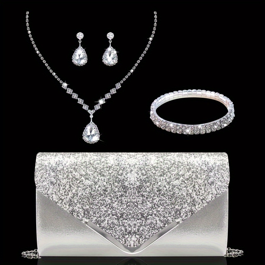 TEMU A And Stylish Chain Clutch, This Beautiful Crossbody Shoulder Bag Comes With A Set Of 4 Pieces Including A Necklace, Earrings, And A Bracelet,