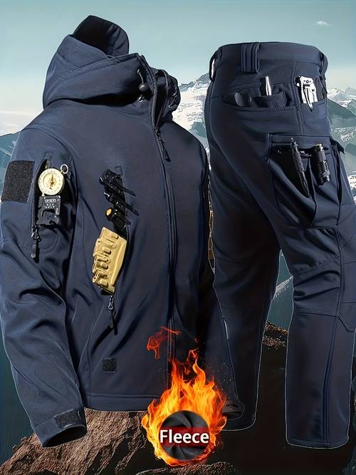 mens outdoor 2pcs set heavy duty multi pocket cold weather jacket lined hooded jacket and pants windproof and abrasion resistant set all terrain outdoor gear with multiple pockets suitable for autumn winter outdoor sports