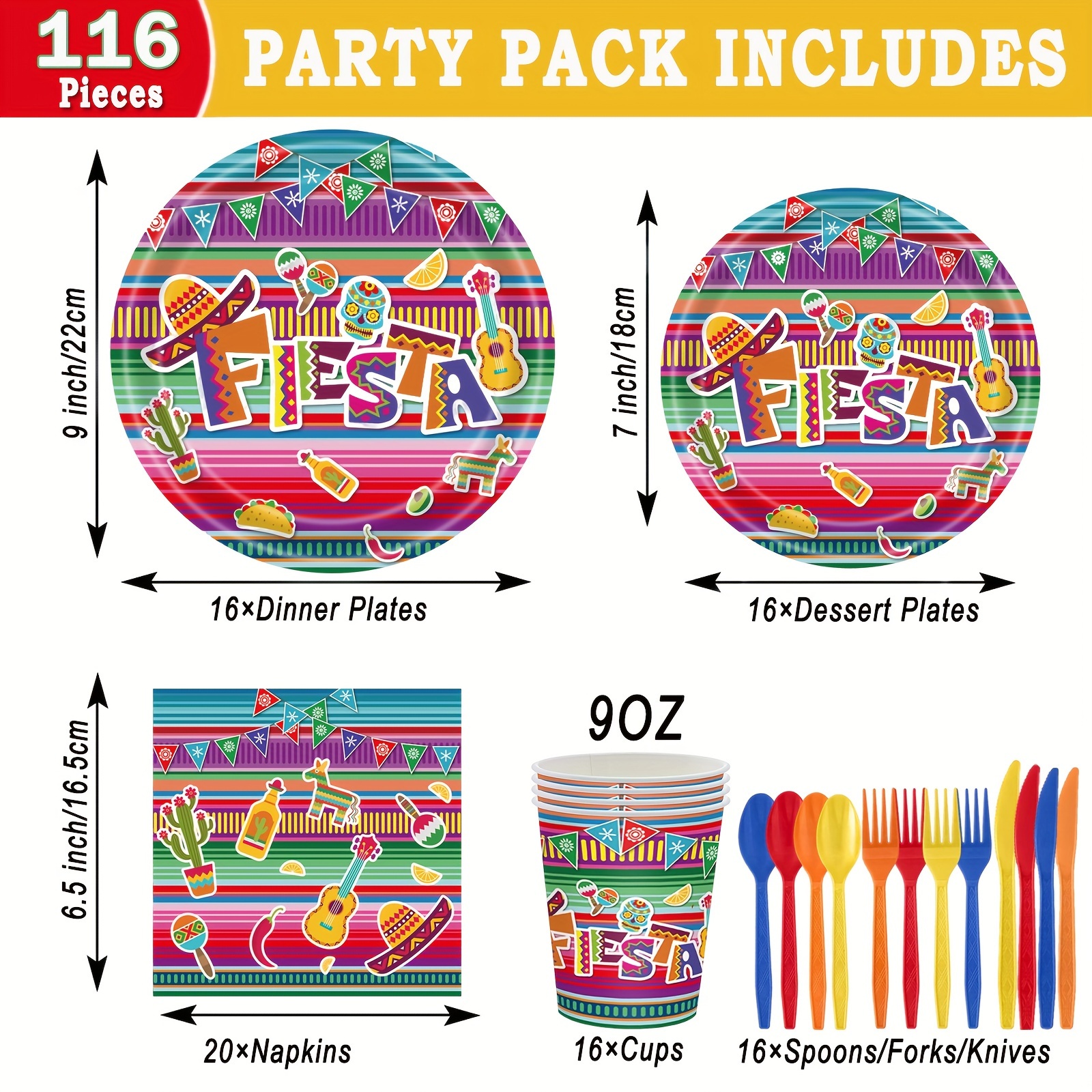116pcs fiesta mexican carnival party supplies set colorful tableware kit for 16 guests includes large small paper plates napkins cups spoons forks and knives cinco de mayo decor