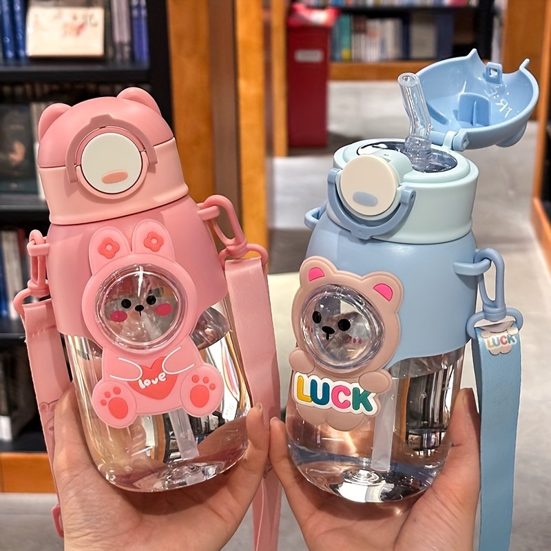 

1pc Cute Plastic Water Cup, Portable Strap Rope Cartoon Water Bottle