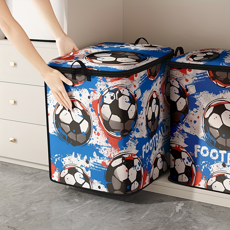 1pc Large Capacity Clothing Storage Box With Lid, Football Pattern Print, Foldable Storage Bag For Blankets And Clothes - Durable Non-woven Fabric Organizer, Sturdy Zipper Closure, Organization