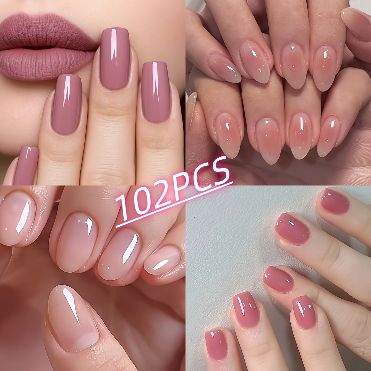 E-shop 102-teiliges Set (4 Stile: Kurz Quadratisch, Mittel Quadratisch, Oval, Mandelform) Press-On-Nägel in Unifarben, Gemischte Moderne Einfache