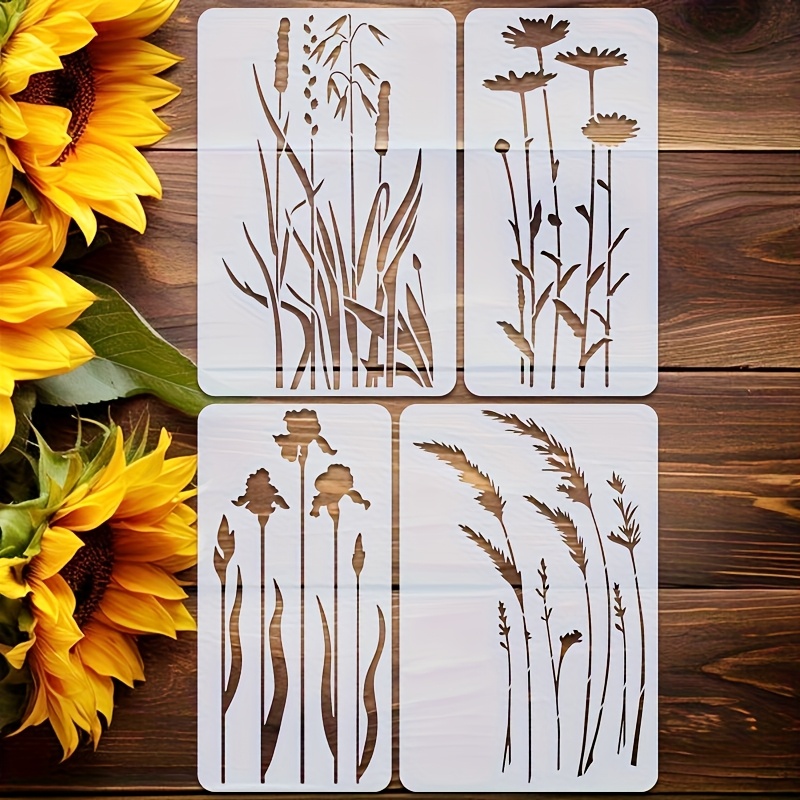 TEMU 4pcs Large Floral Painting Stencil Set Reusable Spring Flower Plant Stencil For Craft Wall Canvas Wooden Fabric Paper Diy Furniture Painting