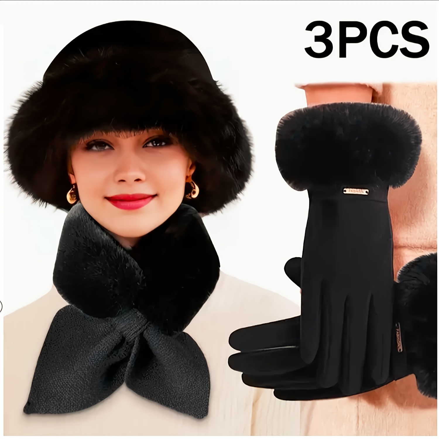 TEMU 3pcs Winter Warm Hat Scarf & Gloves Set - Soft Thick Windproof Face Mask Suitable For Outdoor, Machine Washable Hat, Gloves, Scarf Trio For