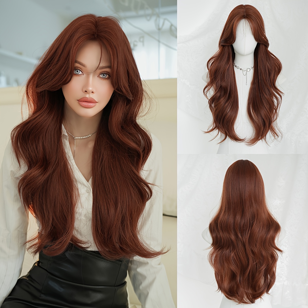 Image of Long Loose Curly Red Wigs Middle Part High Density Heat Resistant Wig With Curtain Bangs Synthetic Wigs For Women Daily Party Use 28.34 Inches