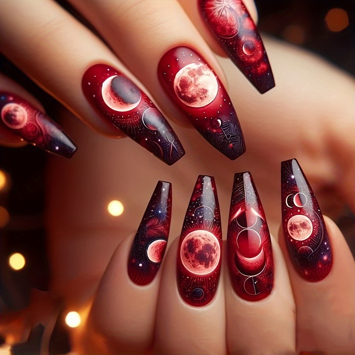 

Long Press-on Nails, Red Tone With Moon And Pattern, 24 Piece Set