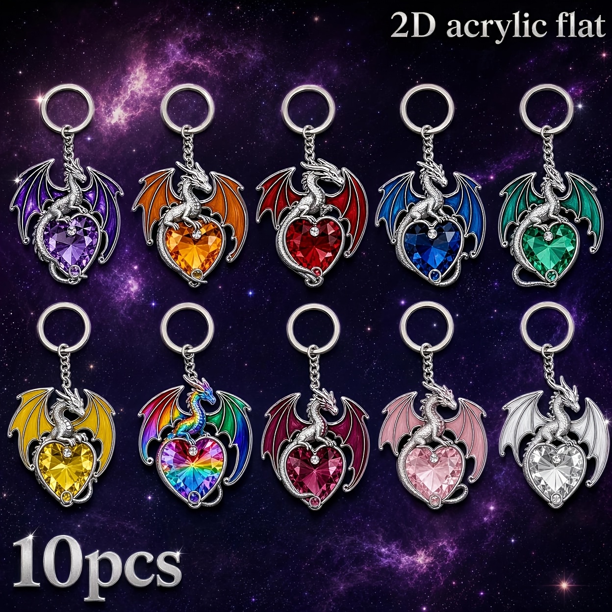 TEMU 2d Flat - [2d Plane] 10pcs Fantasy Pterodactyl Heart Acrylic Keychain Pendant Car Key Bag Pendant Gift, Design Women's Acrylic Keychain