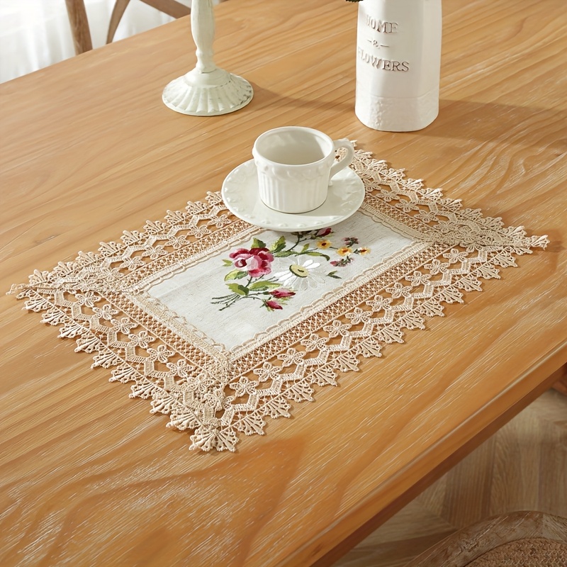 TEMU 1pc Polyester And Linen Blend Fabric With Colorful Embroidered Floral Buds, With Coffee-colored Lace Trim, Suitable For All (spring, Summer,
