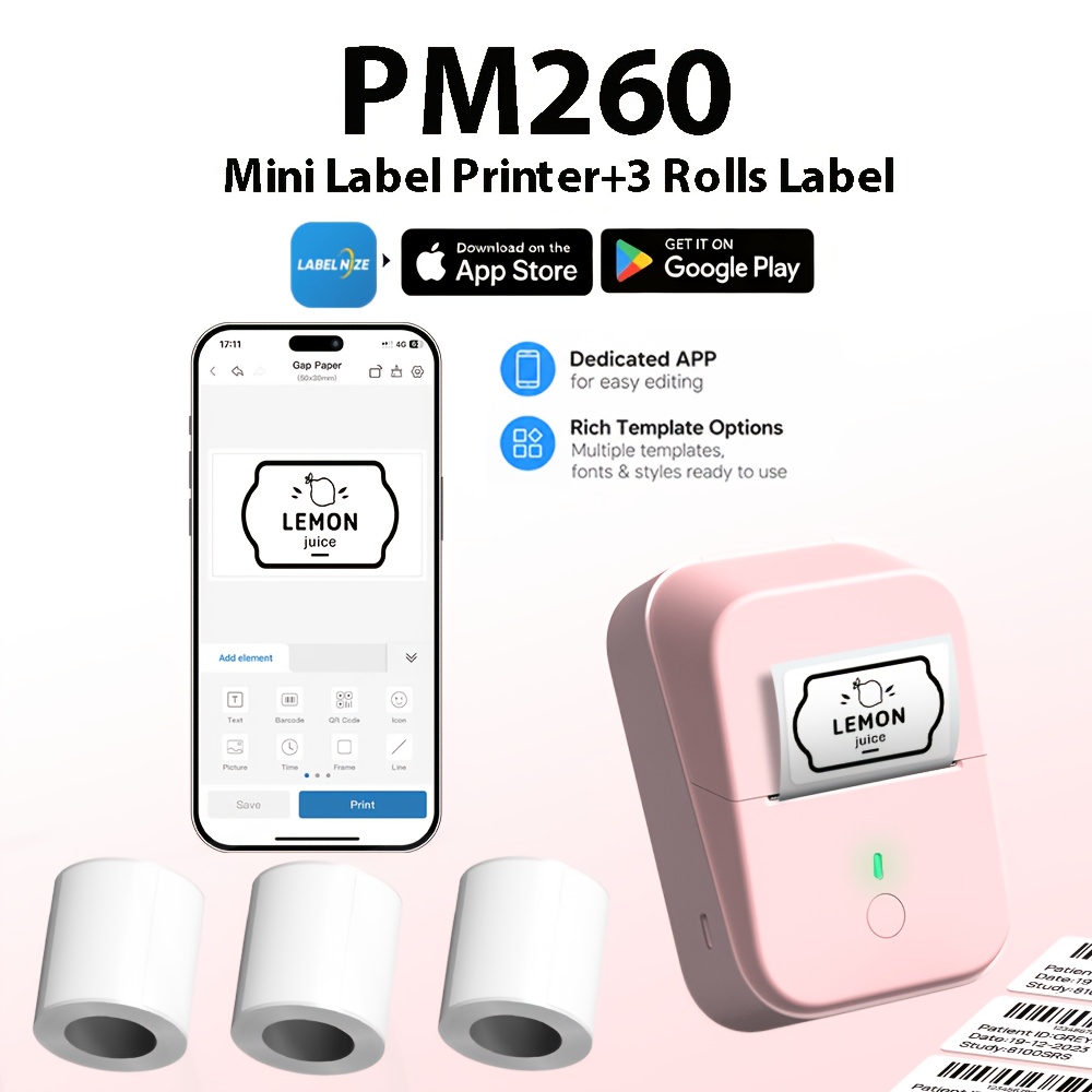 Pm260 Desktop Thermal Label Printer, Label Maker For Office Inventory & Filing With 3 Paper Rolls, 203dpi, Auto-width, Usb/wireless.