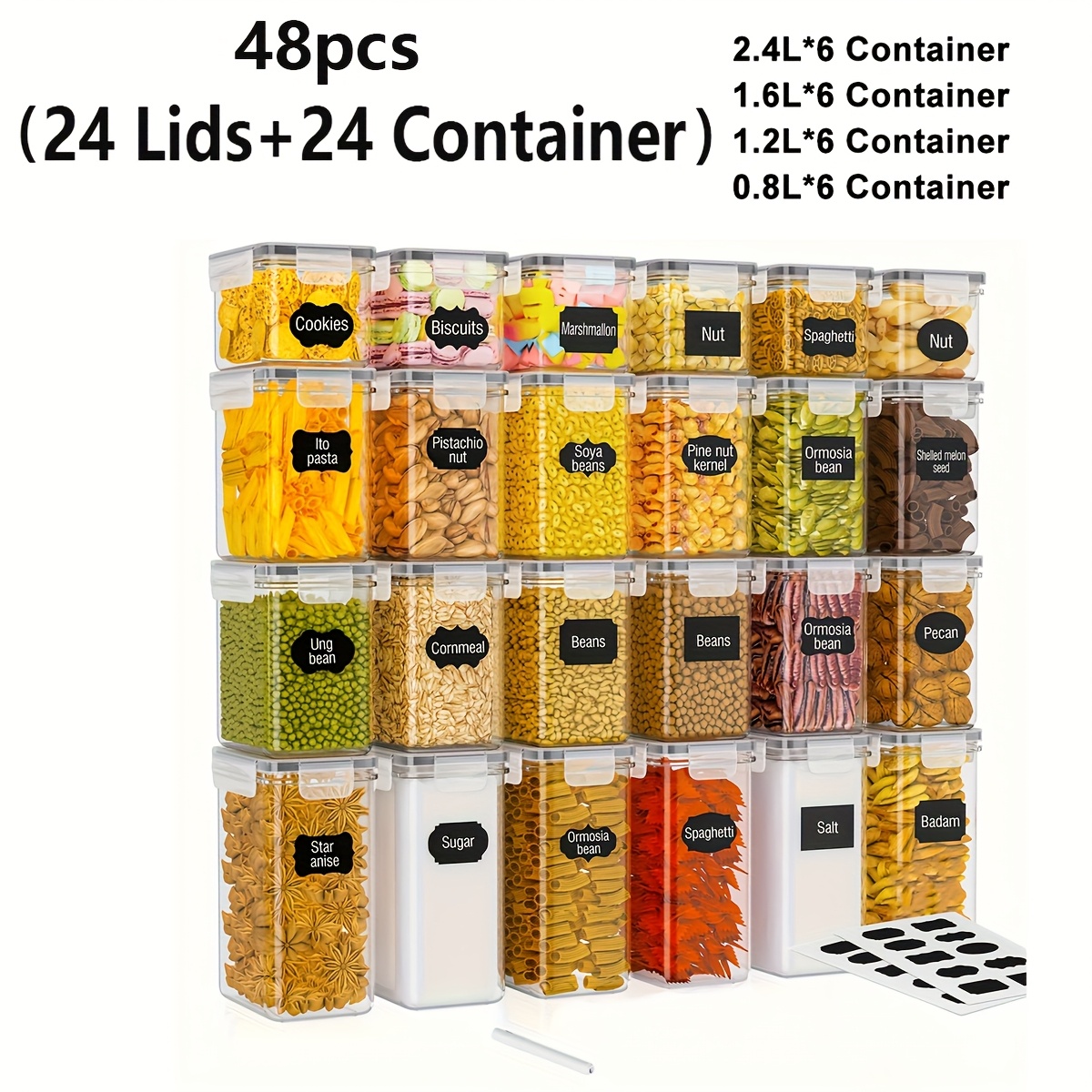 E-shop 60/48/30/20/18/12 Stück luftdichte Lebensmittelbehälter mit Deckeln – Ideal zur Organisation Aufbewahrung von Getreide, Reis, Pasta, Tee, Nüssen
