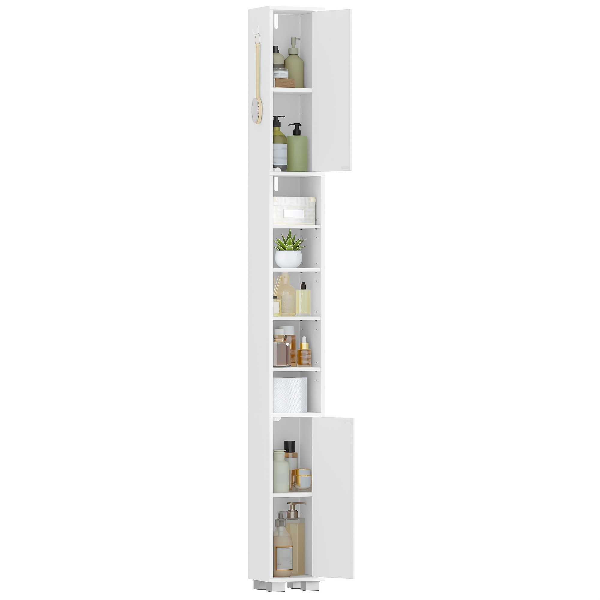 Bathroom Cabinet, Tall Storage Cabinet With 2 Doors, 2 Storage Boxes And Open Compartments, Adjustable Shelves, Modern Minimalist Style, Solution For Small Spaces, 20 X 20 X 200cm, White