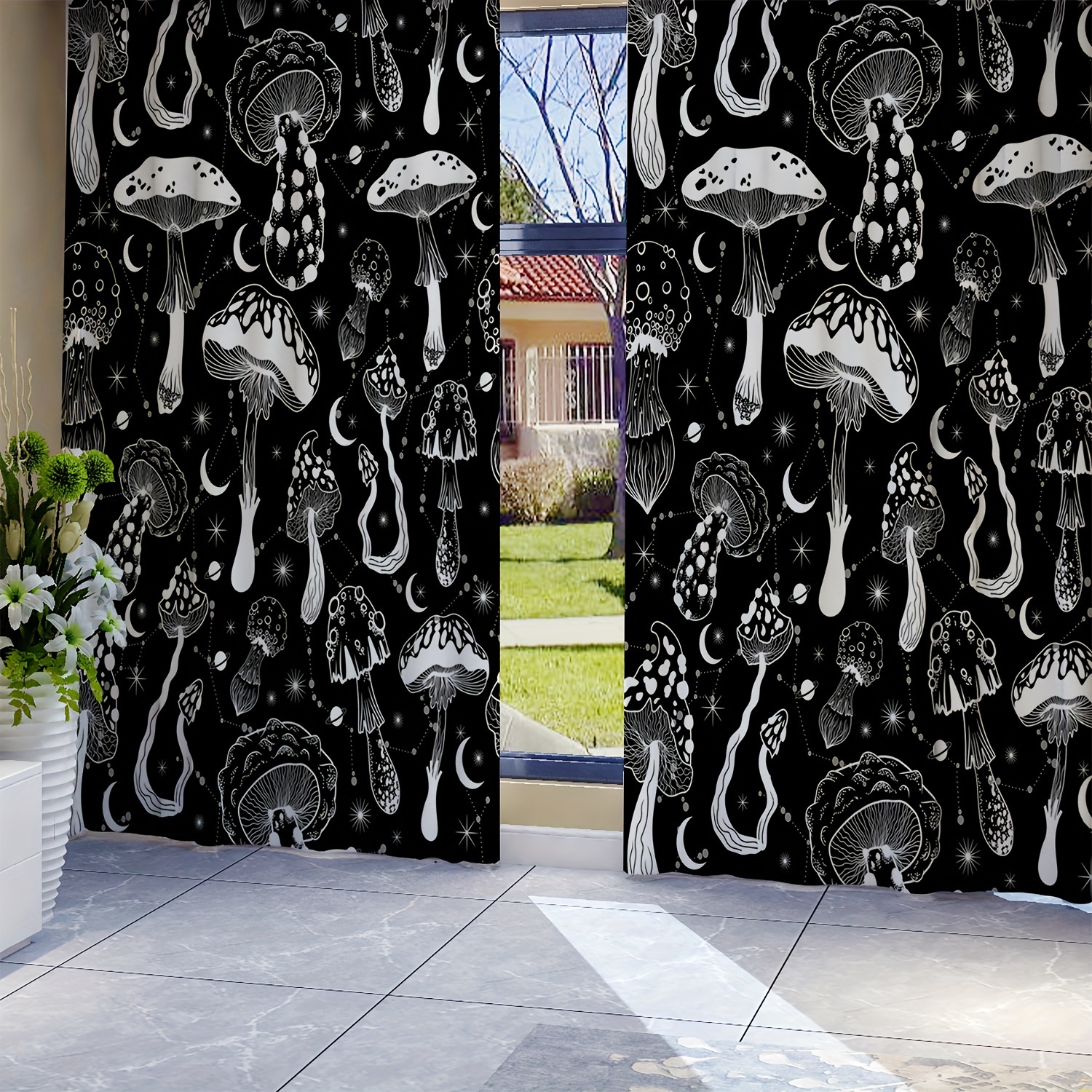 

Vintage Mushroom And Moon Print Light-filtering Curtain Panels, Set Of 2, Rod Pocket Window Drapes For Bedroom And Living Room Decor, Machine Washable Polyester Fabric, Arts Themed Window Treatment
