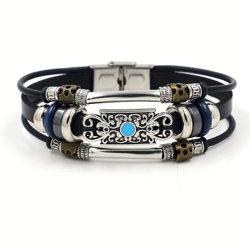 Image of Vintage Hand-woven Faux Leather Bracelet Black Gallstone Beaded Turquoise Bracelet Literary Vintage Set With Gemstones