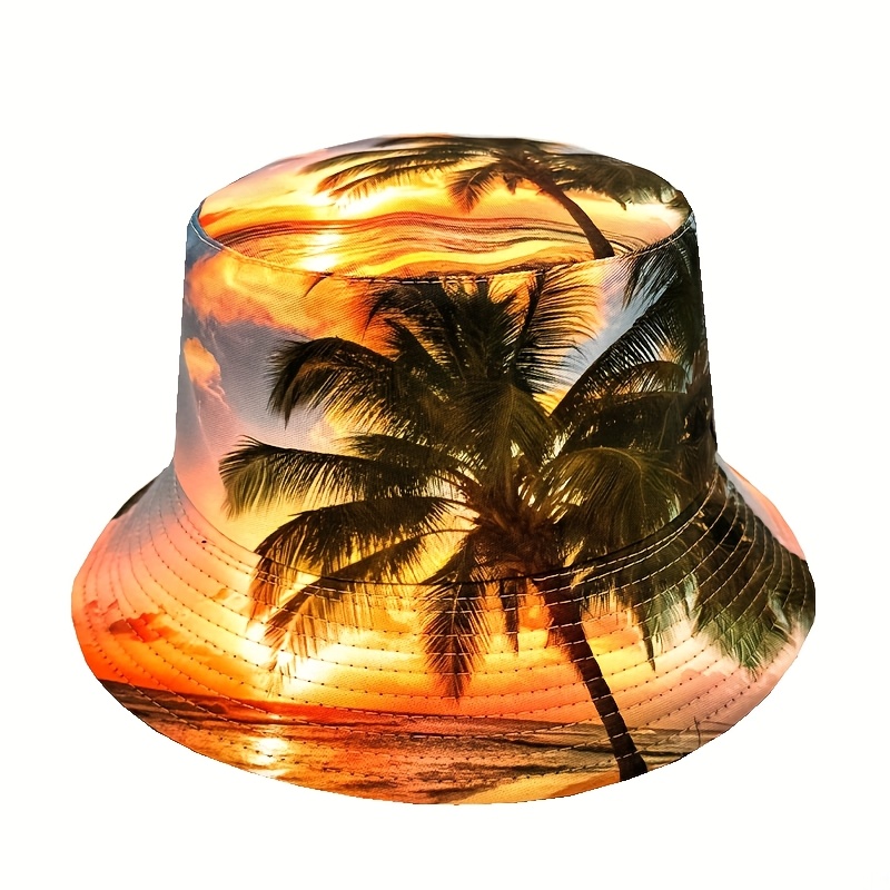 Image of Sunset ' Tree' Printed Reversible Bucket Hat - Lightweight Fisherman Cap, Unisex, Perfect For Parties And Outdoor Activities, Best Gift