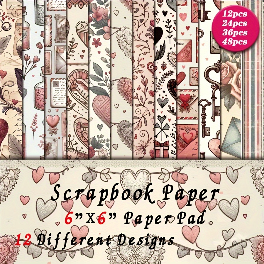 

12/24/36/48pcs Junk Journal Paper Pad In 6*6'', Art Craft Pattern Paper For Scrapingbook Craft Cardstock Paper, Diy Decorative Background Card Making Supplies-warm Love