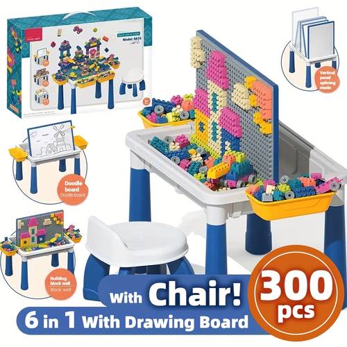 Kids Table And Chair Set With Built-in Brick Play Area - Perfect Creative Activity Desk For Boys And Girls