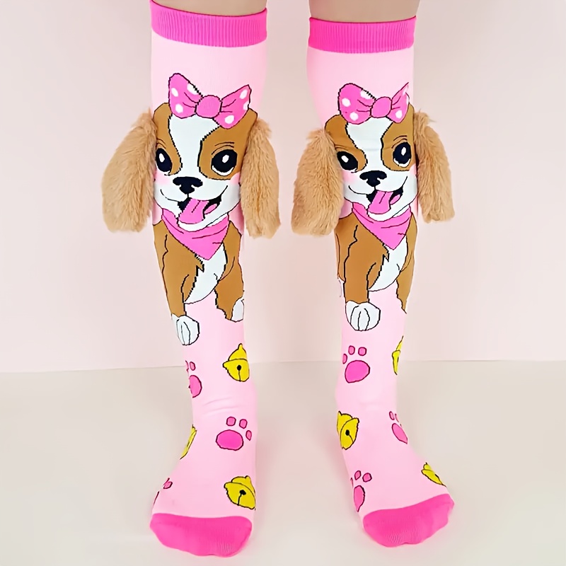Image of 1 Pair Pink & Light Blue Cartoon Dog Knee Socks With 3d Ears - Cute Animal Print, Soft Polyester Blend, Hand Washable, Casual Wear & Gifts, Cute Socks, Design