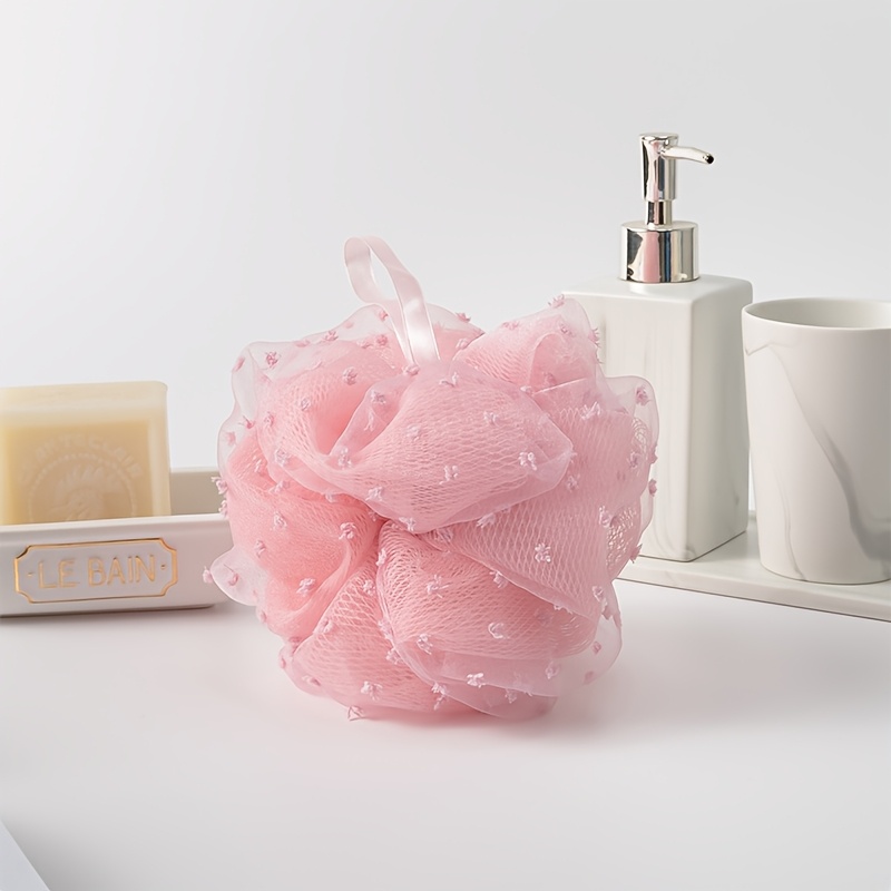 TEMU Polka Dot Bath Sponge Suitable For Bathroom - Soft Pe Mesh Shower Puff With Hanging Lanyard, Rich Foam Exfoliating Body Scrub, Fluffy Hanging