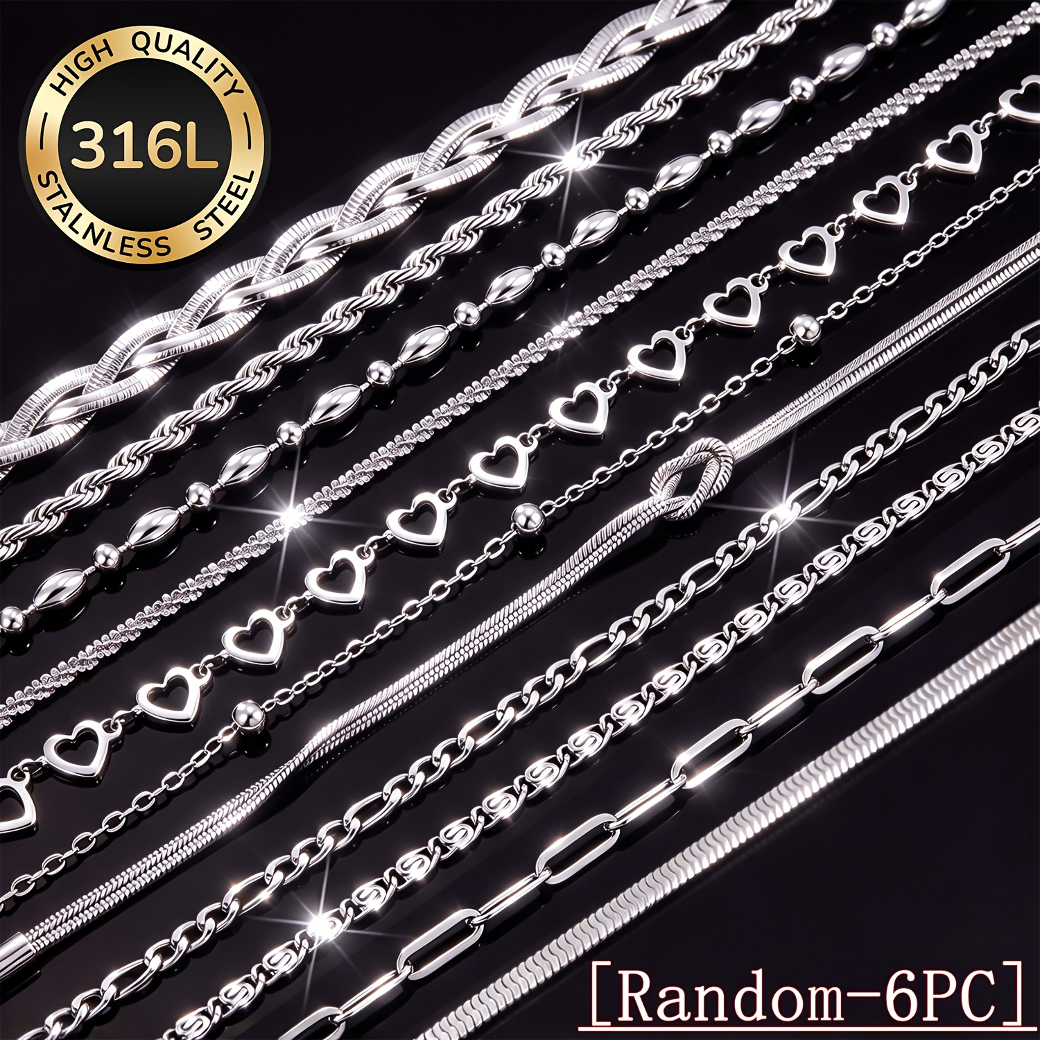 TEMU 6pcs [random] Women's Fashion 316l Stainless Steel Bracelet, Elegant And Luxurious Fade-free Jewelry Set, Suitable For Daily And Party Wear.