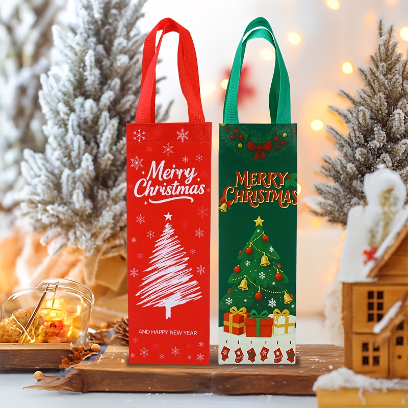 24pcs and 12pcs Elegant Christmas Red Wine Champagne Gift Bag Set - Heavy-Duty Non-Woven Reusable Bottle Sleeve, Festive Design in red/green with Snowflake, Deer & Bell Patterns, Durable Material for Holiday Parties, New Year's Eve, Birthdays, Weddings etc. Large Capacity