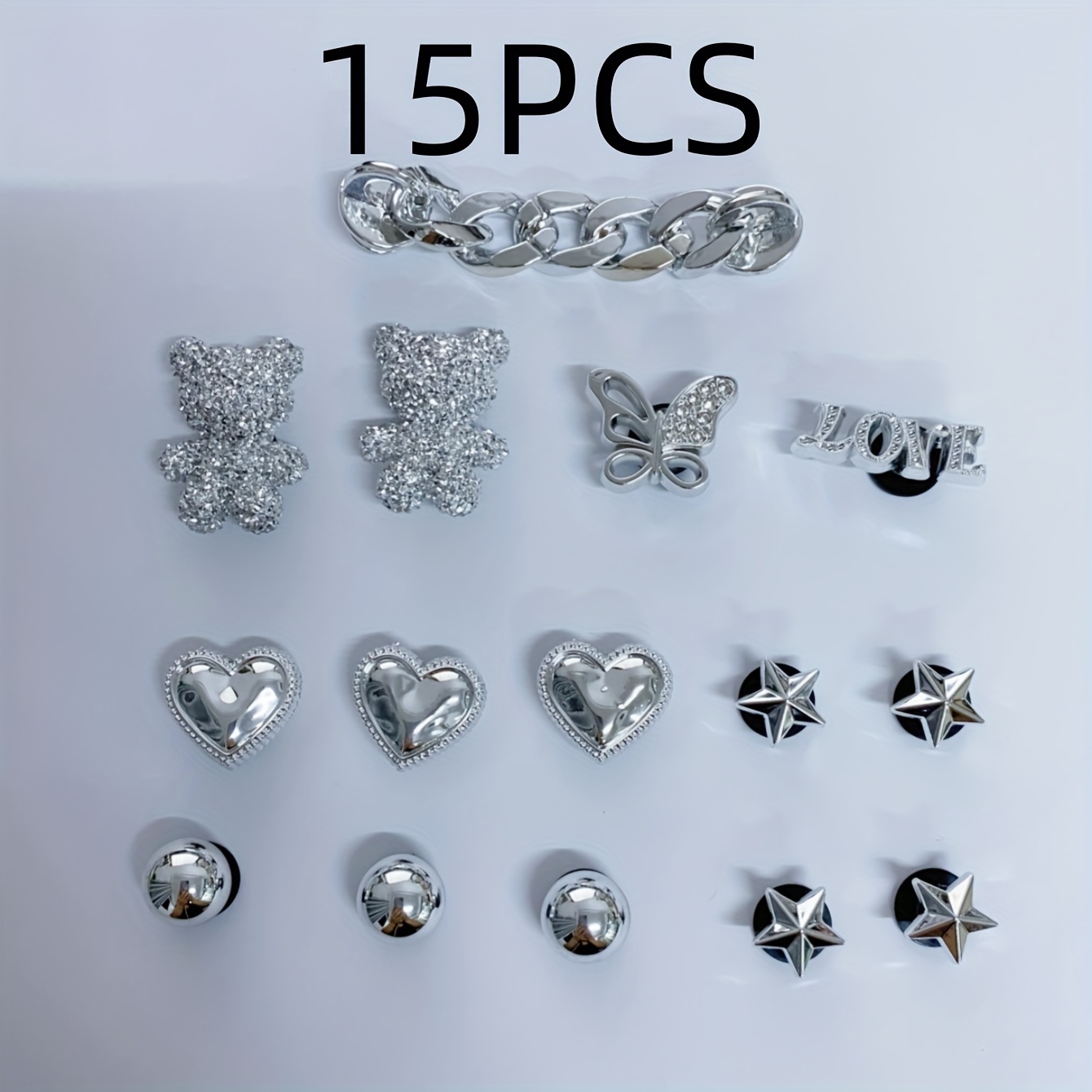 TEMU 15pcs Silvery Crystal Bear Chain Set Diy Fashion Accessories, Suitable For Hole Shoes, Sandals, Removable Shoe Ornaments, Holiday Gifts