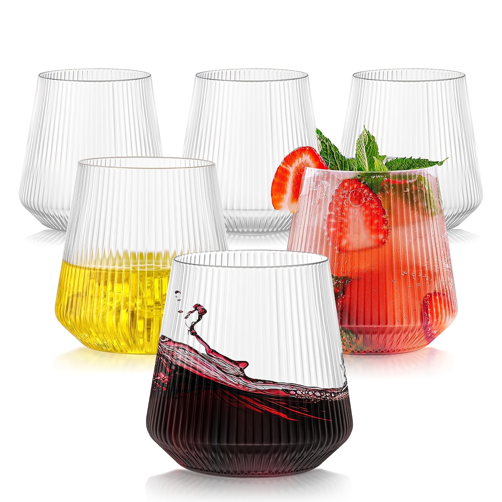 Image of 6pcs Glass Transparent Ribbed Wine Glasses, High Borosilicate Glass Cups, Ribbed Flutes, Elegant Whiskey Glasses, Perfect For Weddings, Bars, Christmas, Halloween, Pool Parties, 12 Oz/355ml