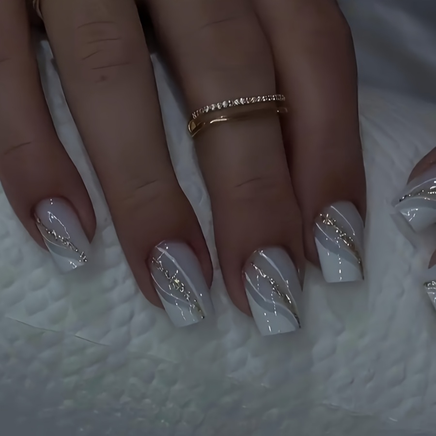 Image of Upgrade Your Look 24pcs Short Square Press-on Nails With Geometric , Glossy Fake Nails, Removable Nail Extensions With Jelly Glue And 1 Nail File