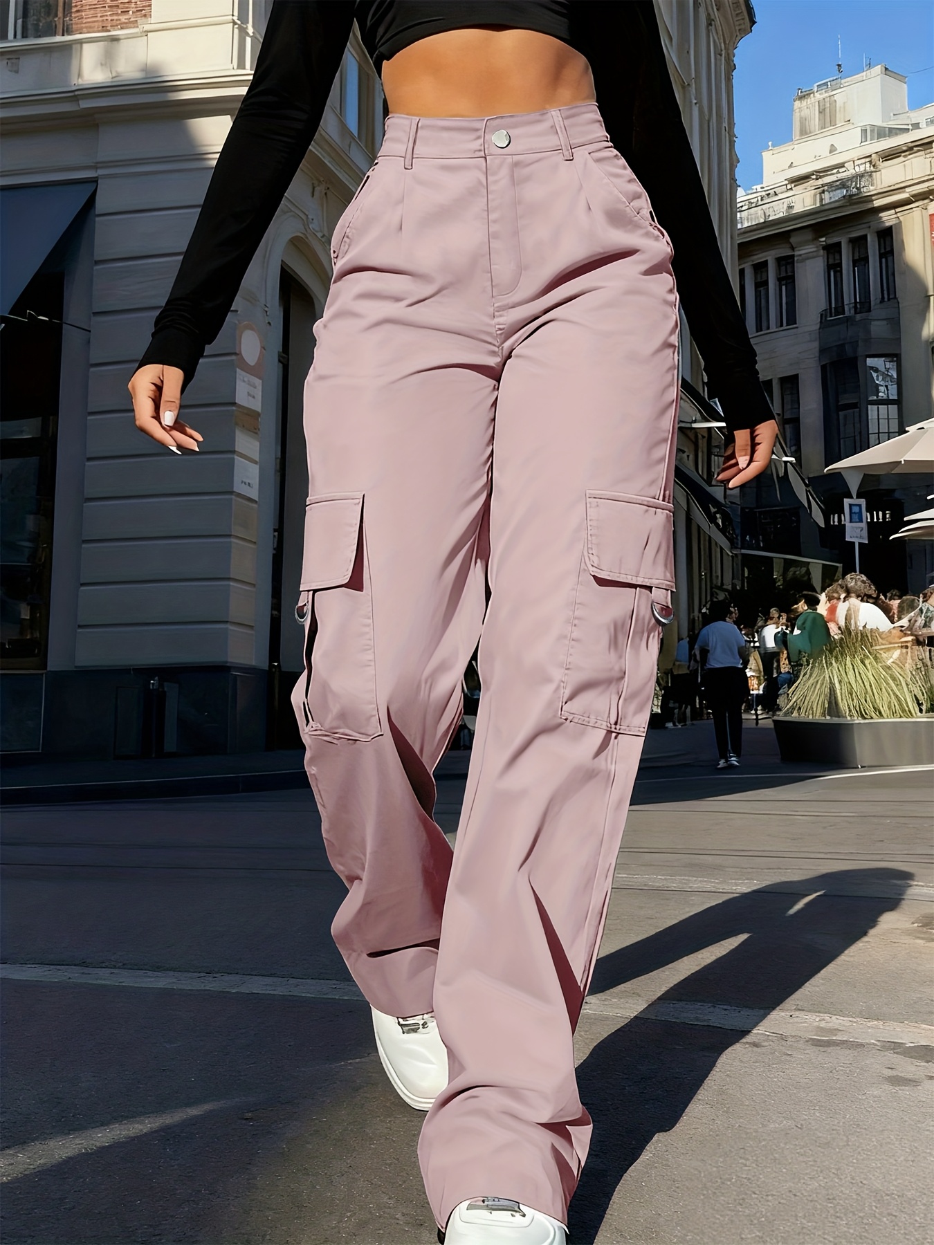 Nuevos Pantalones Cargo de Pierna Recta para Mujer, Cintura Alta, Ajuste Holgado, Estilo Adelgazante, Pierna Ancha, Pantalones de Yoga con Bolsillos Inclinados y Solapas, Ideales para Primavera y Otoño, Ropa de Mujer - Imagen 3