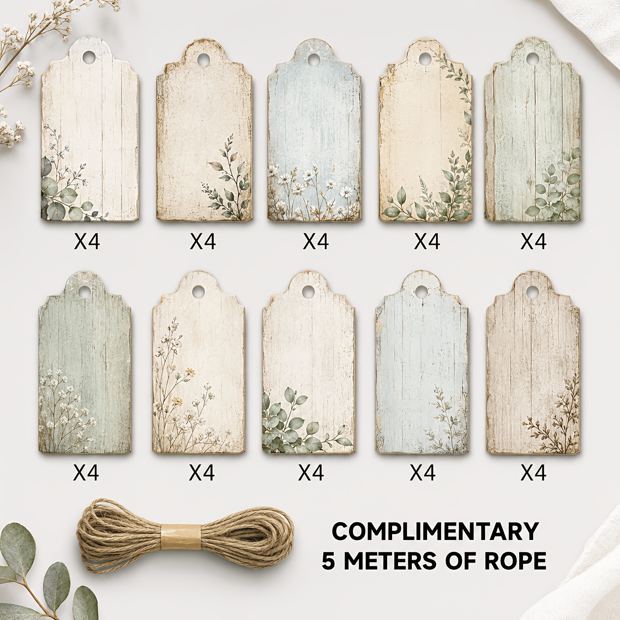 TEMU Confezione da 40 pezzi (40 pz) Etichette regalo botaniche spago di iuta da 5 m - 10 fronte-retro adatte per confezioni regalo, bomboniere,