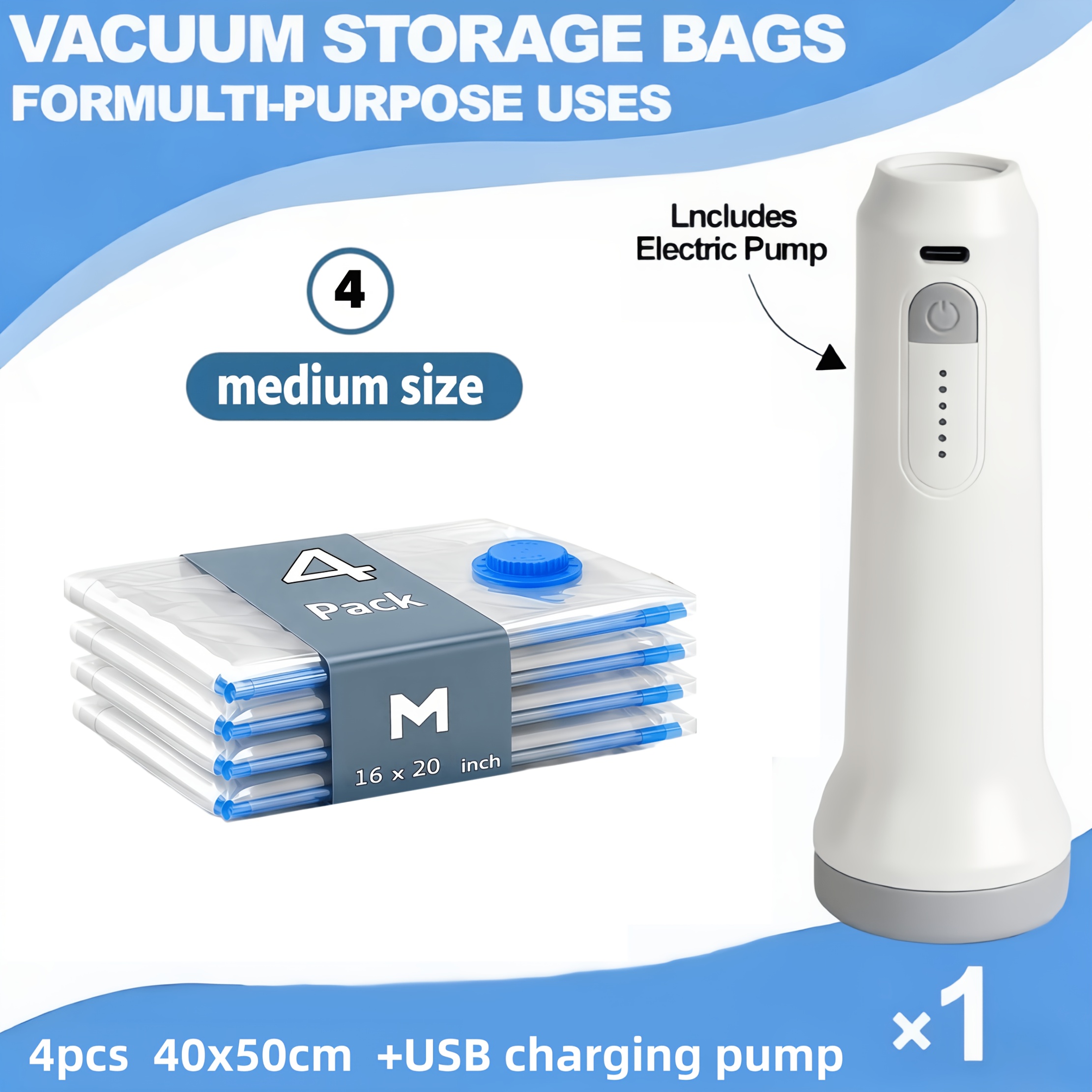 TEMU Lot de 5 sacs de rangement sous vide de tailles variées + pompe à air électrique USB avec câble de charge, batterie 1500 mAh, portable et