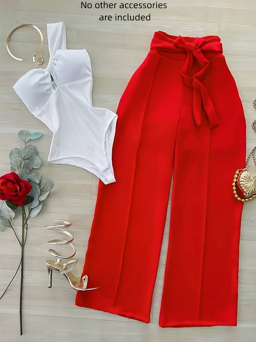 womens one shoulder pit strip jumpsuit and solid color belt pants 2pcs set