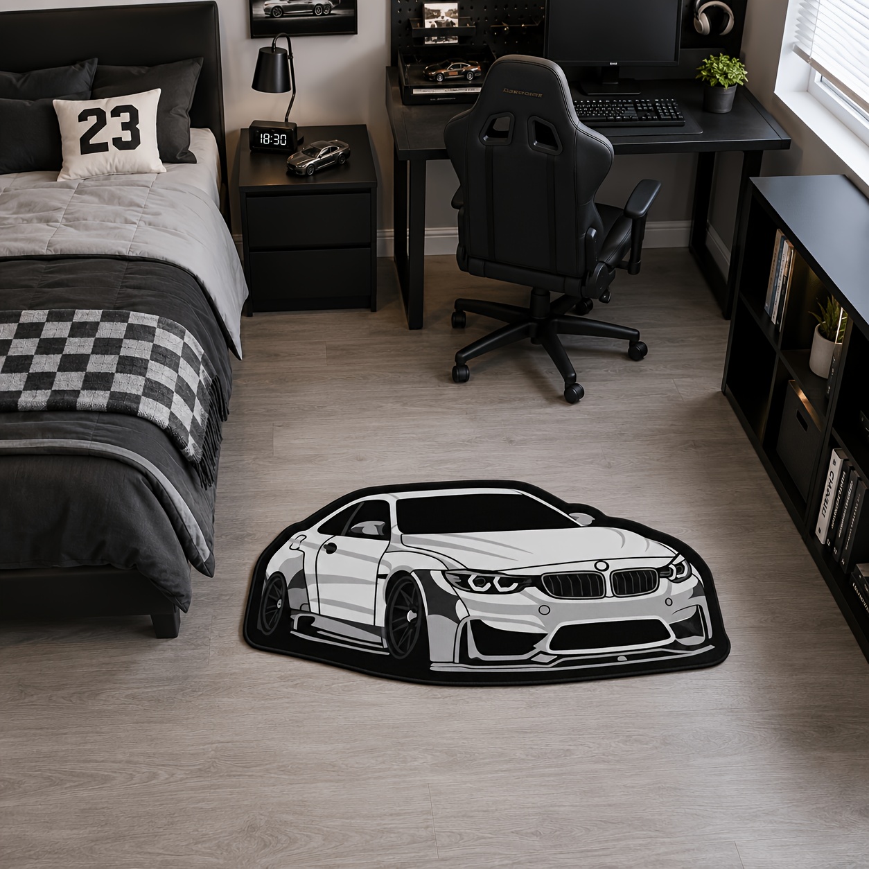 TEMU 1pc Cool Black And White Car Carpet Indoor Carpet Bedroom Carpet Living Room Carpet Bedside Carpet Door Mat, Gift For Car Owners, Easy