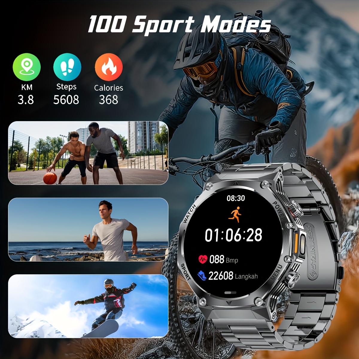 smart watch for men answer make call 1 80 inch smartwatch with 800mah batteries outdoor flashlight 100 sports activity ipx8 high quality for iphone and 2 straps Product details 4