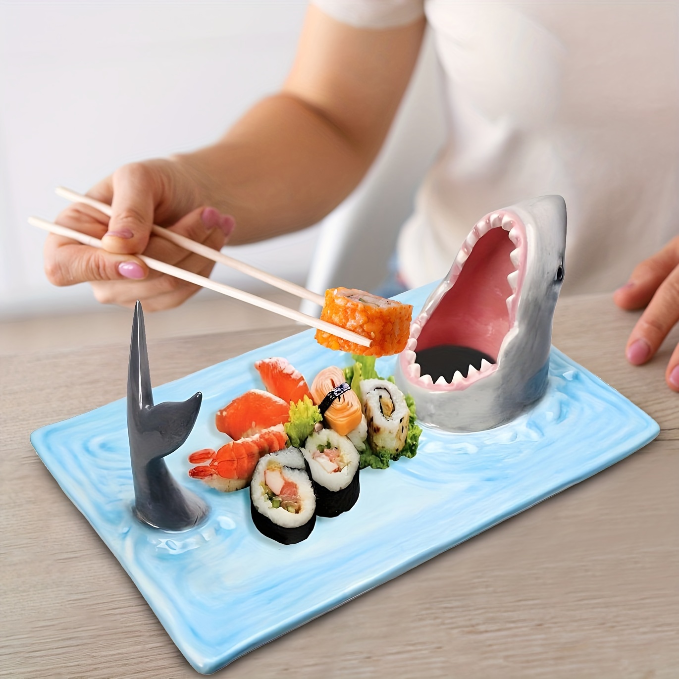 1pc Creative Shark-Shaped Sushi Plate, Square Ceramic Serving Tray with Soy  Sauce Bowl and Chopstick Holder, Hand-Painted, Food-Safe,