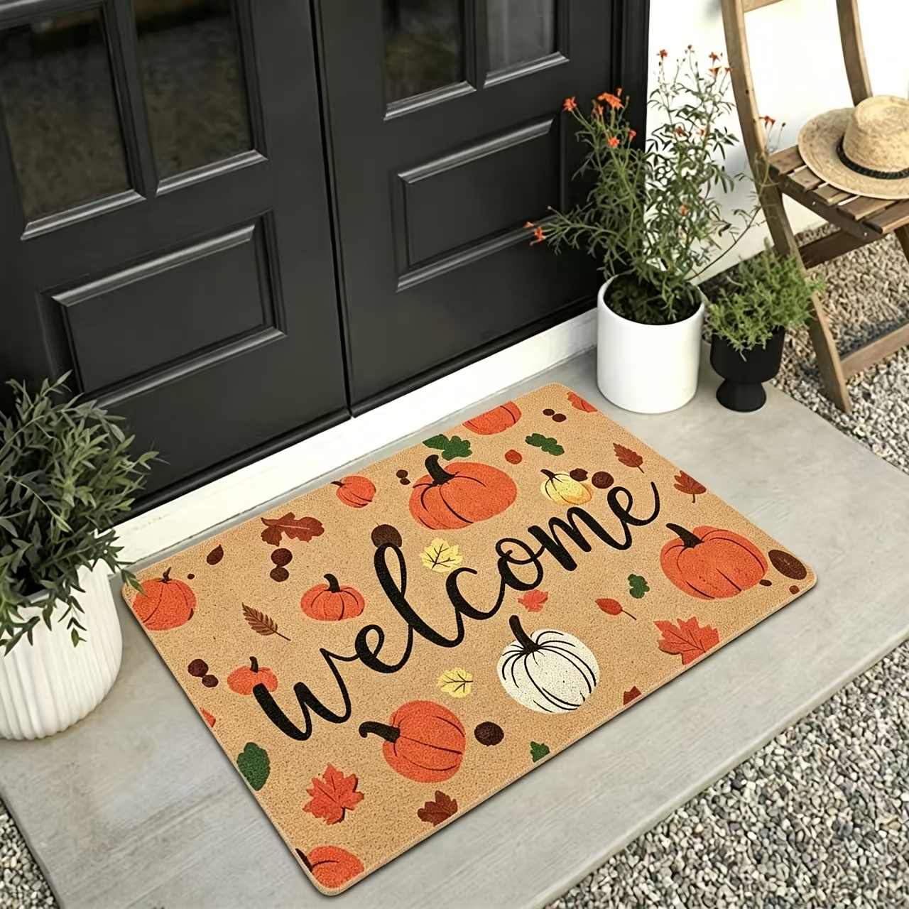 TEMU 1pc, 2d Flat Autumn Pumpkin Leaf Decor "welcome" Printed Doormat, Non-slip Mat, Machine Washable, Easy To Clean, Suitable For Pet Mats, Gaming