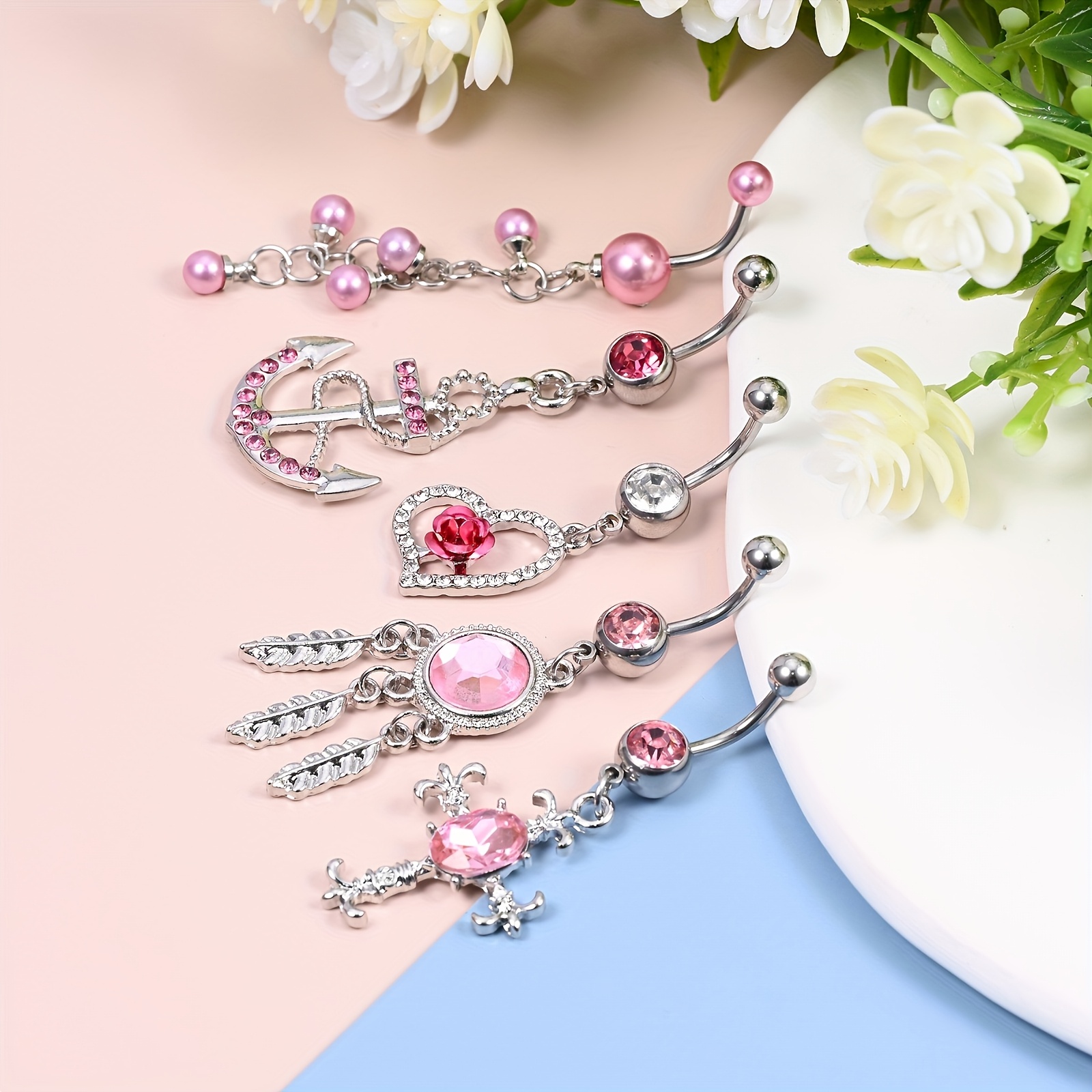 A Set Of 5 Pink Pendant Navel Studs, With A And Style For Women's Navel Piercing Barbells, Is The Best Birthday Gift For Your Girlfriend, Items Cheap