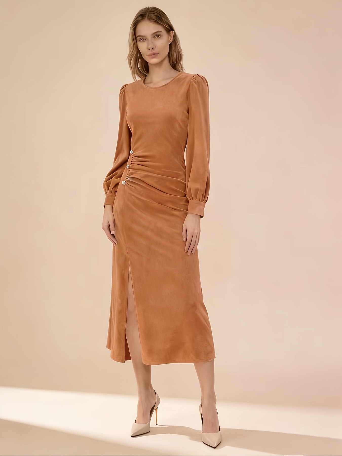 Elegant Directional Fashion * Round Neck Long Sleeve Waist-cinching  Wrinkle-resistant *-fit Slit A-line Party, Cocktail, Ball, Banquet,  Wedding, Casual Vacation, Business * *-length Formal Dress