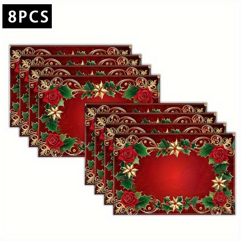 TEMU 4/6/8pcs Christmas Decorative Printed Placemats, 12*18 Inches, Red Background With Roses And Holly & Golden Pattern, Festive Holiday Atmosphere