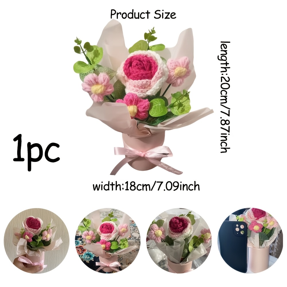 TEMU 1pc Knitted Handmade Artificial Flowers With Crochet Rose Daisy Flower And Plastic Eucalyptus Leaves For Living Room Decor Handmade Fake Floral