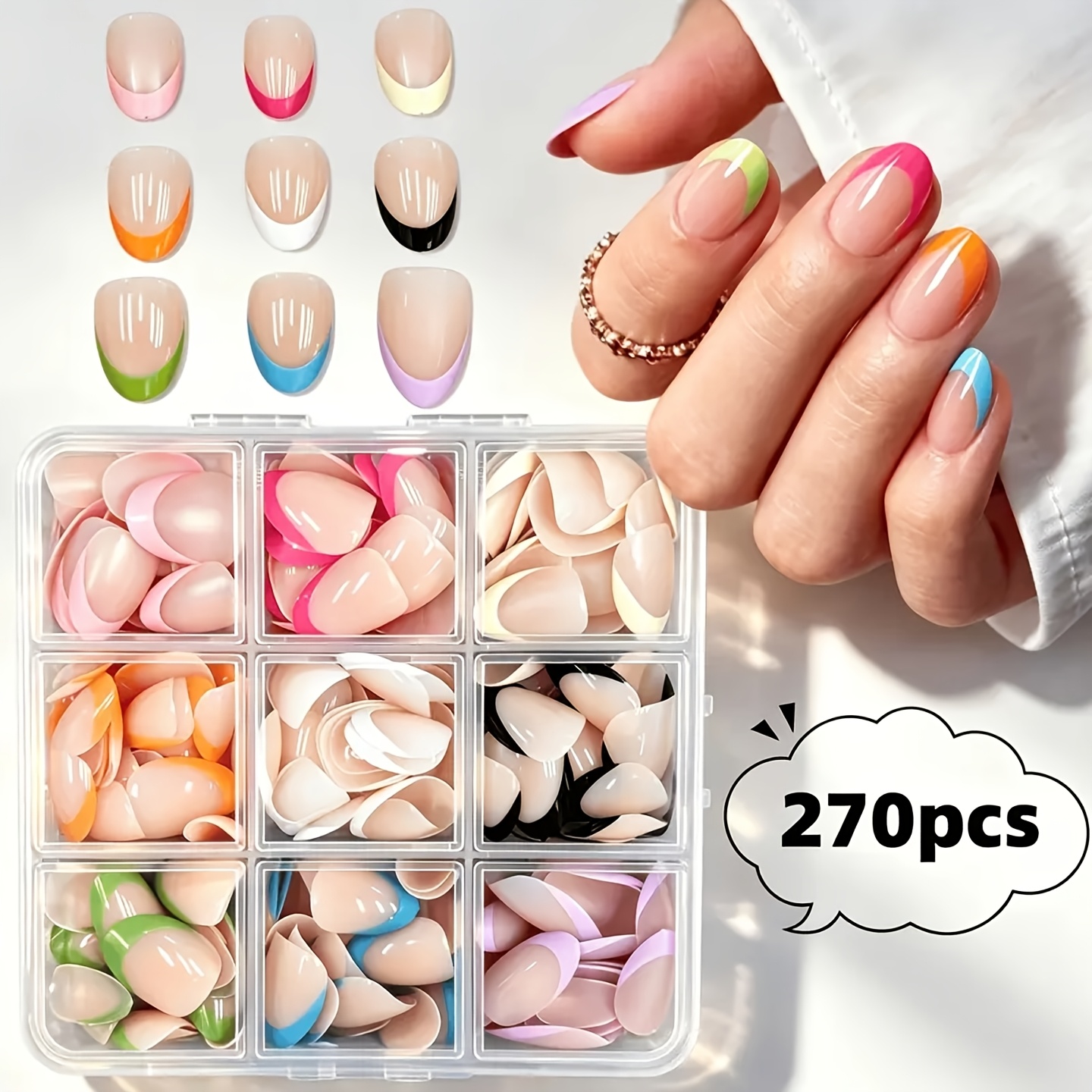 TEMU 270pcs/Boîte Faux Ongles Courts Ovales à Pression, Autocollants pour Ongles Style Français, Nus Mélangés, Ensemble de Combinaison de Couleurs