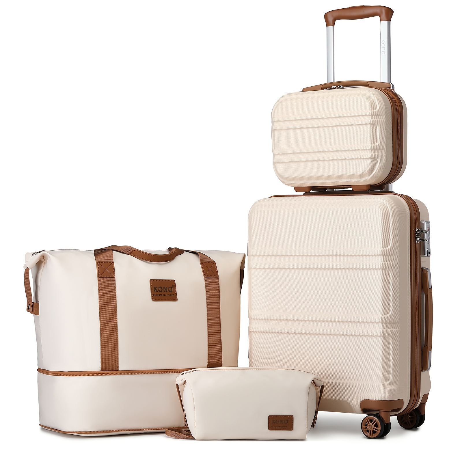 TEMU 1/2/4pcs Of 20inch 51.5cm Kono Cream White Grey Black Suitcase Set With 12inch Vanity Case, Camping Abs Hard Shell Hard Case Trolley With , 4